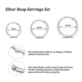 Hasnsofie Women's 925 Sterling Silver Hoop Earrings, Small Hypoallergenic 925 Sterling Silver Sleeper Earrings, Set of 3 Pairs in 10/12/14 mm
