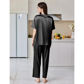 Ekouaer Satin Pajama Set for Women Short Sleeve Silky Pjs 2 Piece Lounge Sets Soft Comfy Sleepwear Loungewear Black XXL