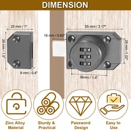 PATIKIL Combination Cabinet Lock, 3-Digit Password Cabinet Lock 2 Pcs Zinc Alloy Mechanical Keyless Safety Door Latch for One Way Door Drawer Cupboard, Grey