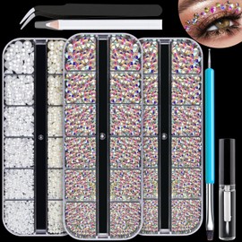 BELLEBOOST 3600pcs Face Gems Eyes Jewels with Glue, Round Glass Crystal AB Rhinestones, Flatback Half Round White & Beige Pearls, Flatback Rhinestone Pearl Kits for Body Make-up, Nail Art