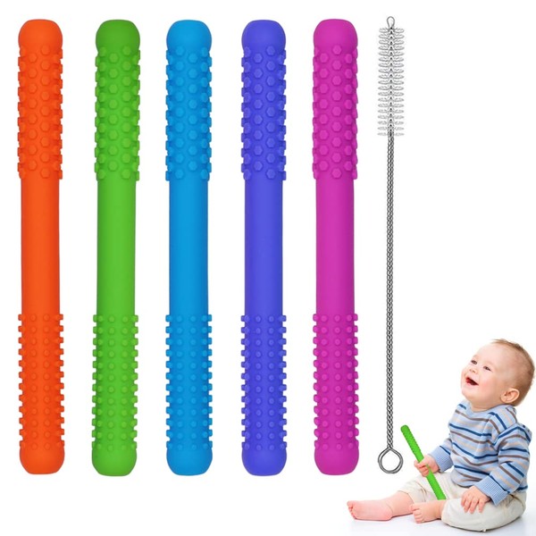 Hollow Teething Tubes Toys for Babies Girls Boys, 5 Pack Silicone Baby Teether Toy Tube for Infants with Nursing Biting Chewing, Chew Straws for Toddlers 6-12 Months (Style A)