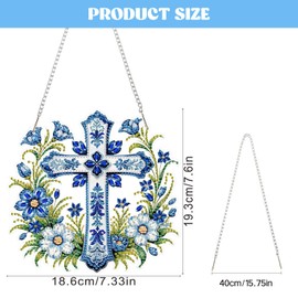 EOBROMD Cross Diamond Painting Window Pictures, 5D Flowers Diamond Painting Pendant Decoration with Chain, Diamond Painting for Wall and Entrance Decoration