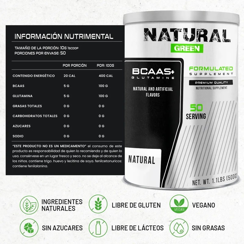 Bcaas Glutamina Aminoácidos Natural Green 500g Sabores