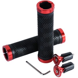 Lycaon Ergonomic Bicycle Grips with 2 Stretchable Aluminium End Caps, Bicycle Handlebar Grips for BMX/Dirt/Downhill/Kids/MTB/Mountain/Road/City/Bike/Scooter, red
