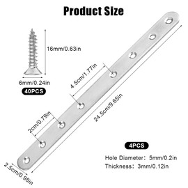 4 Pieces Metal Mending Plates for Wood,Flat Straight Brace Brackets, 24.5 X 2.5 Cm Stainless Steel Metal Joining Plates with Screws, Repair Fixing Plate for Furniture, Worktop and Cabinet