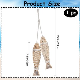 CREATCABIN 2Pcs Wooden Fish Decor Hanging Wood Fish Sculpture Rustic Nautical Fish Decor with Fishing Net Hand Carved Wood Fish Wall Art for Lake House Beach Theme Home Decoration 7.8Inch