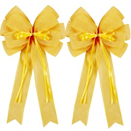 2 Pcs Large Yellow Christmas Wreath Bow Decor,Summer Tree Topper Bow Decorations,Decorative Bow with Yellow Burlap and Glitter String for Holiday Home Front Door Outdoor
