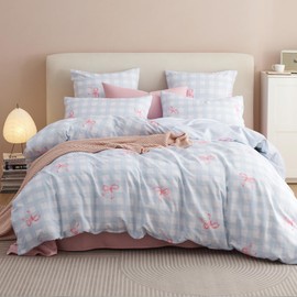 Bildenly Twin Size Duvet Cover Blue Plaid Pink Bowknot Comforter Cover for Kids Girl Soft Breathable Microfiber Quilt Cover with Zipper Closure and 1 Pillowcase