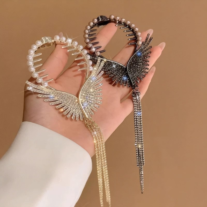 Rannyrena Pearls Tassel Rhinestone Ponytail Claw Clip for Women Crystal