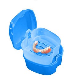 Denture Case, Denture Cup with Strainer, Denture Bath Box False Teeth Storage Box with Basket Net Container Holder for Travel, Retainer Cleaning (Blue, 6.8 * 9.3 * 9.5CM)