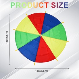 Parachute Toy, 6.1ft Diameter Giant Rainbow Parachute for Kids Colorful Children Parachute with Handles Large Play Parachute for 6-8 People, for Gymnastics Cooperative Indoor Outdoor Team Games