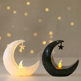 Mini Ramadan Lantern for Centerpiece, 3.94In Moon Shape LED Eid Hanging Lamp for Home Eid Ramadan Table Decorations (Black White)