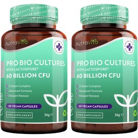 Nutravita 60 Billion CFU Probiotic Cultures (2 Packs of 60) - Scientifically Backed Lactospore? for Good Gut Flora - Enteric Coating to Ensure Probiotics are Delivered Directly to The Gut - UK Made by Nutravita