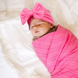 AQOKKA Newborn Receiving Blanket with Bow Hat Headband Set Wheat-Pattern Newborns Toddler Baby Boy Girl Nursery Swaddle Wrap