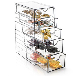 Acshio Clear Hair Accessory Organizer Box, Plastic Hair Tie Organizer Storage Box with 5 Drawers, Hair Accessories Container Makeup Organizer Jewelry Holder for Bathroom, Closet Desk, Office