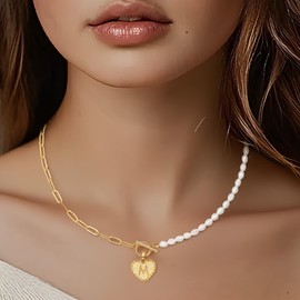 Gold Initial Pearl Necklace for Women, 18K Gold Plated Paperclip Chain Necklace Necklace OT Clasp Necklace Delicate Pearl Chain Necklace Initial Pendant Necklace Women's Gold Jewelry S