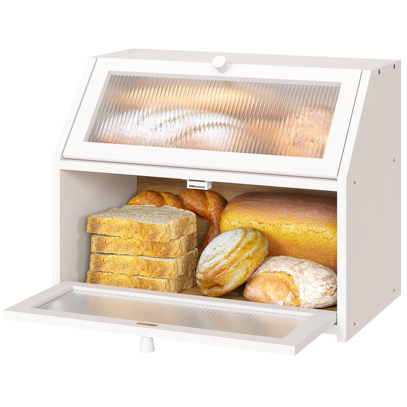 Vriccc White Bread Box for Kitchen Counter, Large Bamboo Wood