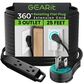 GEARit 360 Rotating Flat Plug Extension Cord (25ft, Black) Multi 3-Outlet Extension 16 AWG Wire, Adapter for Small Spaces, Right Angle Socket, ETL Certified - 25 Feet