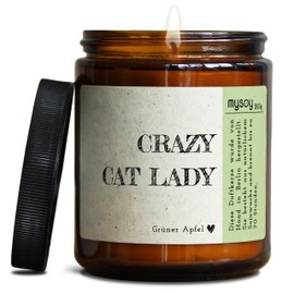GLÜCKLICHT Duftkerze mit Spruch für Katzen Besitzer & Liebhaber | Handgemacht aus Sojawachs | In Geschenkbox | Nachhaltiges Geburtstagsgeschenk, Gastgeschenk Freunde Cat Mom BFF |Apfel