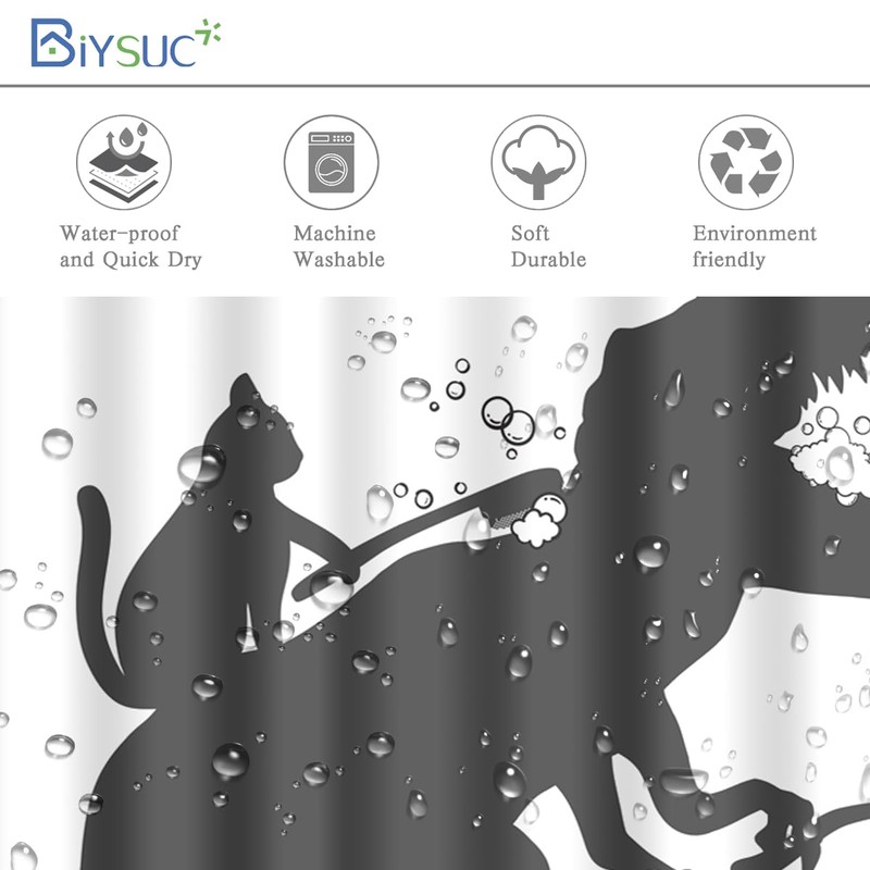 BIYSUC Cat Dinosaur Shower Curtain Funny Cat Help Dino Bathe