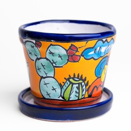 MEXTEQUIL - Talavera Mexican Pottery Planters with Saucer 4" Rancherito - Cactus - Sun Pot Hand Painted Ceramic Plant Pot Planter Indoor Outdoor (Rancherito)