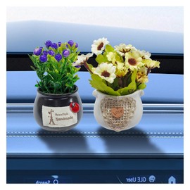 DUSCOKE 2PCS Cute Flower Bouquet in Pottery Vase Car Dashboard Decorations - Artificial Plant Rear View Mirror Ornament for Women Girl - Aesthetic Car Interior Dash Ornament Accessory (Purple/Beige)