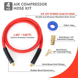 FYPower Air Compressor Whip Hose 3/8 Inch x 6 Feet Lead in Hybrid Hose with Fittings, Flexible and Kink Resistant, 1/4" Industrial Quick Coupler and Plug Kit, Red