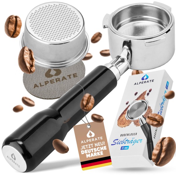 ALPERATE® Bottomless Portafilter 51 mm - Compatible with Delonghi Dedica EC680 / EC685-51 mm Stainless Steel Filter Holder with Coffee Puck Strainer and Filter Basket (Small and Large) and