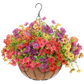 Palonu 1 Set Artificial Hanging Plants Flowers with Basket, Colorful Realistic Daisy Eucalyptus in Coconut Planters, UV Resistant Hanging Ornaments for Front Porch Patio Yard Indoor Outdoor Decor