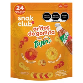 Snak Club Aritos de Gomita sabor durazno y sabor mango con Tajín, 24 bolsas mixtas de 28g c/u, 672g totales