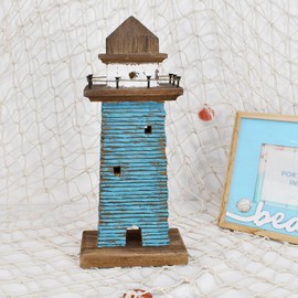 Aecipl Nautical Decor Wooden Lighthouse Beach Themed Ornaments Coastal Ocean Decoration Decorative Wood Light HouseTable Centerpiece Tower Lights Figurine for Shelf Fireplace Tabletop (15.15" H)