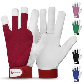 Gardening Gloves for Men & Women, Leather Palm & Breathable Spandex Back, Thorn-Proof Gardening Gloves, Multipurpose Safety Gloves for Mechanics, Warehouse, Driving, Digging, Landscaping (Red, S)