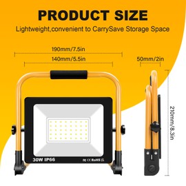 SKYWORLD Portable LED Construction Spotlight 30 W 3000 LM LED Work Light with Plug and 3 m Power Cable, IP66 Waterproof Work Light Construction Light for Workshop or Construction Site Garage 6000 K