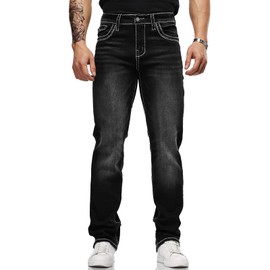 Men's Stretch Denim Jeans Classic Jeans with Embroidered Design, ESDVD Street Style Regular Jeans Relaxed Fit Pants Comfy (US, Waist, 32, Regular, Black)