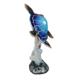 Nautical Ocean Blue Giant Sea Turtle Swimming By White Corals Figurine 8.75"H
