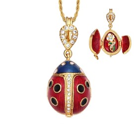 EGGLEGANT Ladybug Locket Necklace, Embossed Flower Charm Design Easter/Christmas Gift