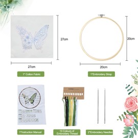 Butterfly Flower Embroidery Kit for Beginners, Cross Stitch DIY Craft Set, Beginners Embroidery Kit, Hand Embroidery Kit with 2 Needle 10 Thread 1 Embroidery Circle and Instructions, Green