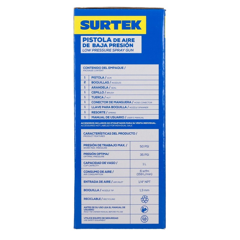 Surtek PPB2 Pistola para pintar de baja presión, capacidad 1000