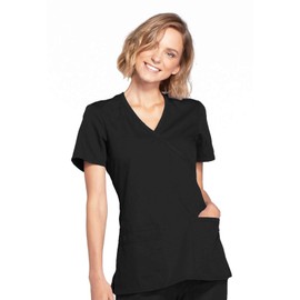 Cherokee Women's Workwear Core Stretch Mock Wrap Scrubs Shirt, Black, Medium