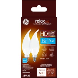 GE Relax LED Light Bulbs, Candle Lights, 60 Watts, Soft White Frosted Decorative CA11 Bulbs, Small Base (2 Pack)