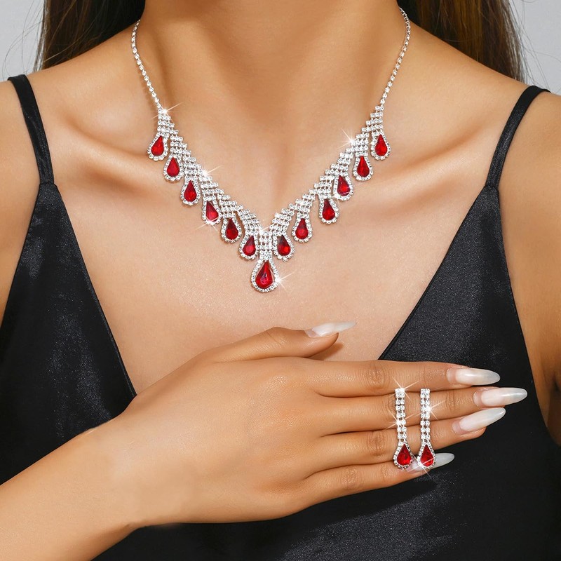 Yikisdy Women Red Rhinestone Necklace Jewelry Set Bridal Necklace Earrings