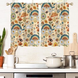 AAtter Retro Mushroom Window Curtains for Kitchen Boho Vintage Floral Hippe Kids Rainbow Small Short Home Living Room Bedroom Bathroom Drapes Treatment Tiers Fabric 1 Pair, 27.5" W x 39" L, Colorful