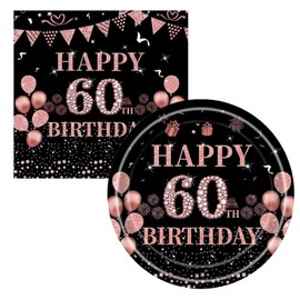 Happy 60th Birthday Plates and Napkins Party Supplies, 16pcs Plates and 20pcs Napkins 60th Birthday Party Tableware Decorations for Women Black and Rose Gold