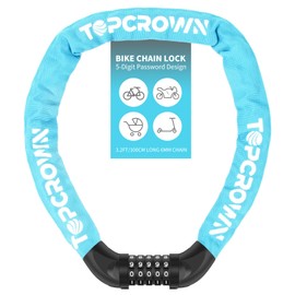 Topcrown Bike Chain Lock 3.2 ft Long High Security Heavy Duty Anti Theft, 5 Digit Combination Resettable Keyless Bicycle Lock for Bike/Electric Scooter/Ebike/Motorcycle (Sky Blue)