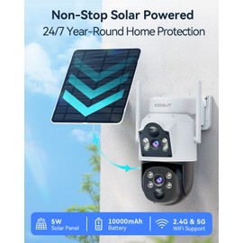 VORGUT Solar Camera Outdoor Wireless, 4MP+4MP Dual Lens Solar Powered WiFi Camera for Home Security, 360° Pan Tilt, Color Night Vision, PIR Human Detection, 2.4G/5G WiFi, IP66 Surveillance Cam, Black