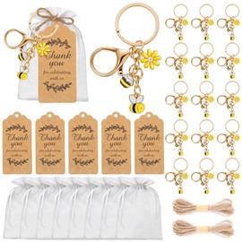 Supkiir 22 Set Bee Sunflower Keychain, Bee Party Favors with Kraft Thank You Tags, Hemp Ropes and Organza Bags, Bees Accessory Thank You Gifts Bulk for Women Men Teacher Staff Wedding Birthday