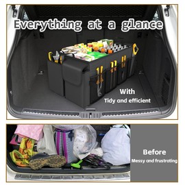 AXVRAV Kofferraum Organizer, Faltbare Auto Kofferraumtasche groß mit doppelten Böden, Stabiler Auto Organizer mit 2 Fächern, kofferraumtaschen mit Verstellbaren Riemen 56 x 33 x 28 cm, Schwarz