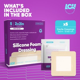 5 CT Silicone Foam Dressing 2x2 - Adhesive Silicone Bandages for Wounds and Pressure Sores - Sterile Square Bandages 2x2 for Injury and Wound Care