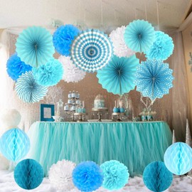 FUPUTWO Party Decoration Set, Paper Fan, Honeycomb Ball, Flower, Event Decoration (Blue)