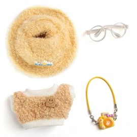 17cm Doll Clothes, Kawaii 4-Piece 17cm Clothes Dolls Outfit Set with Accessories – Luck Oatmeat Hat + Clear Glasses + Yellow Camera + Brown Smily Shirt(Doll Not Included)